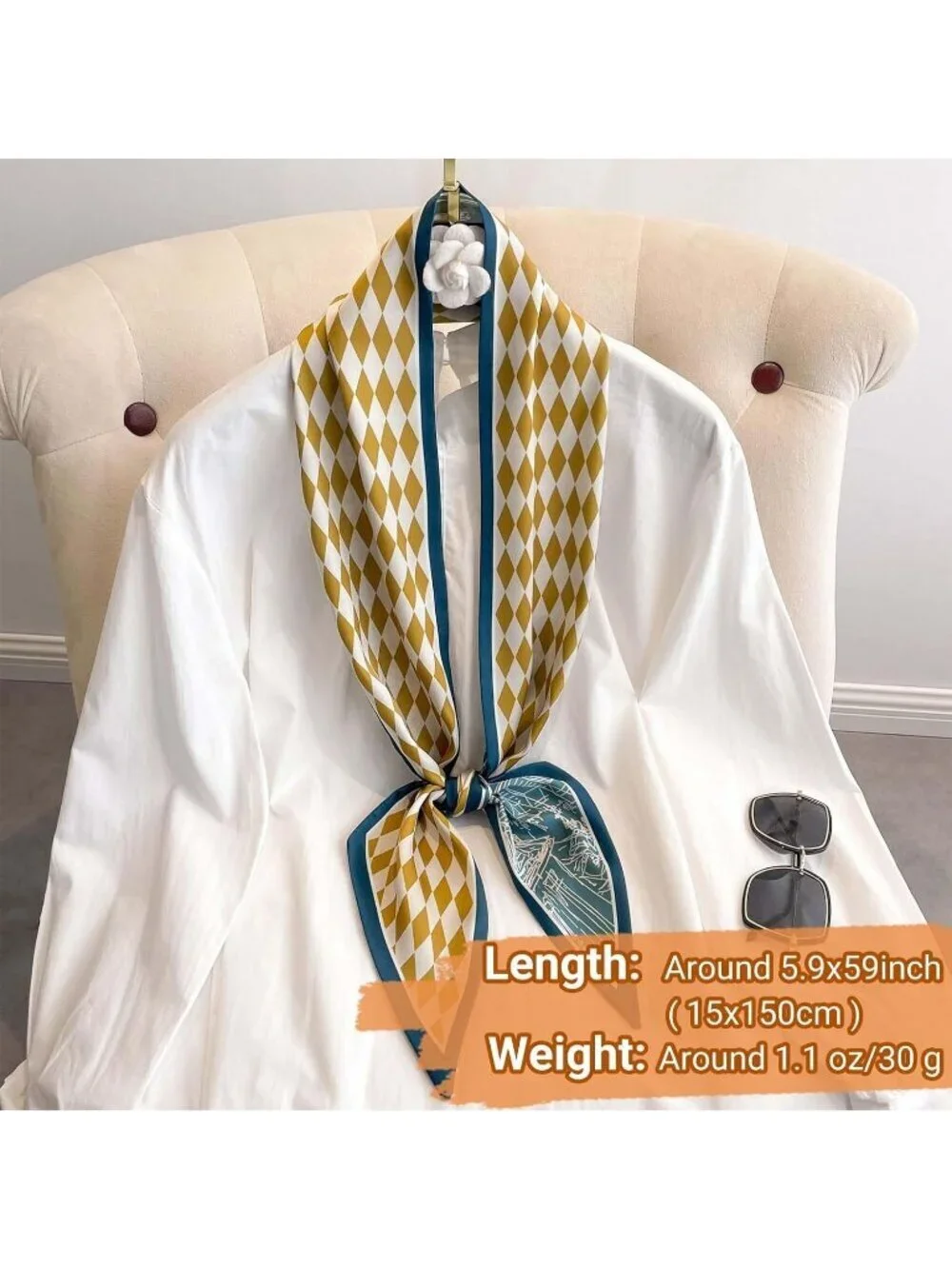 Women's Green Yellow Grid Silky Satin Headscarf Wrap Lightweight Scarves Scarf